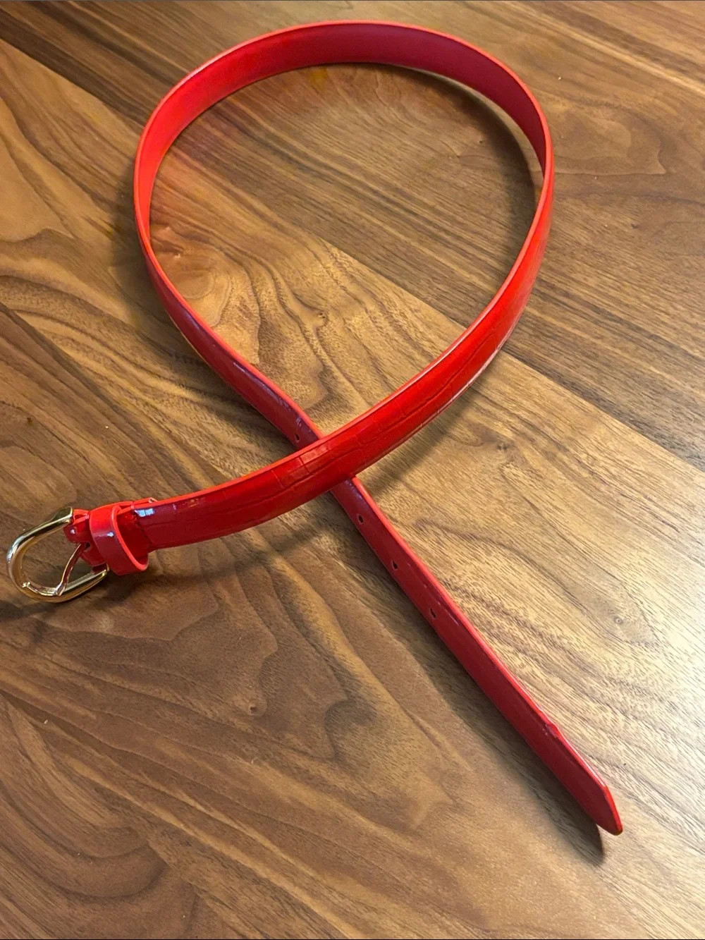 Embossed Red Patent Leather Slim Belt with Gold Buckle